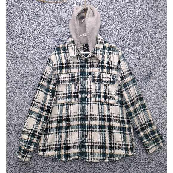 Zara Contrasting Plaid Overshirt Shacket Mens LG Button Up Hooded Jacket Green